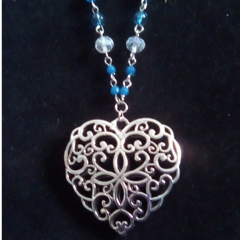 Silver Tone Filigree Heart Pendant Necklace with Blue and Clear Beads Boho 20in. - Picture 2 of 6